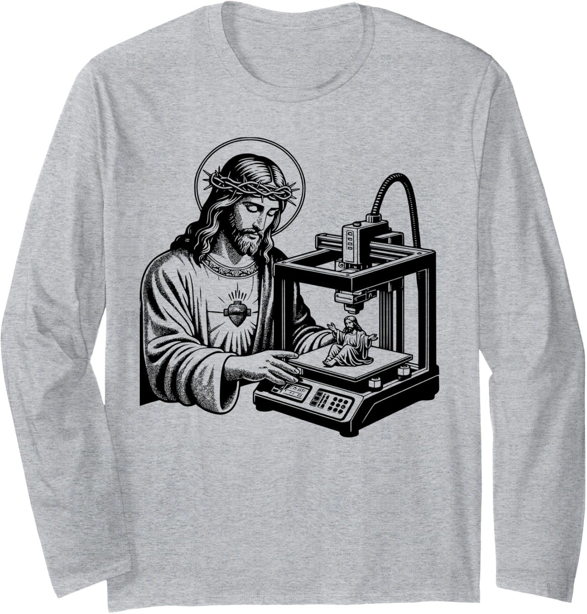 Jesus Christ Printing A Figure Of Himself 3d Printer Funny Long Sleeve Apparel Everyday Wear