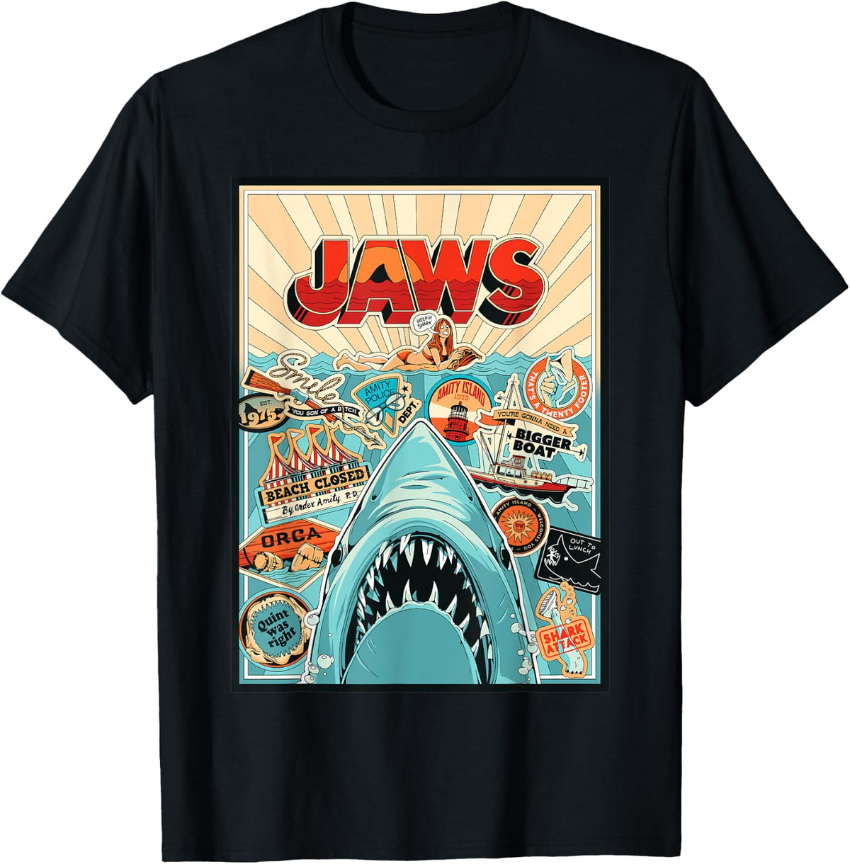 Shark Attack Movie Anniversary Poster Island Sticker Collage 2 Sided Shirt 41