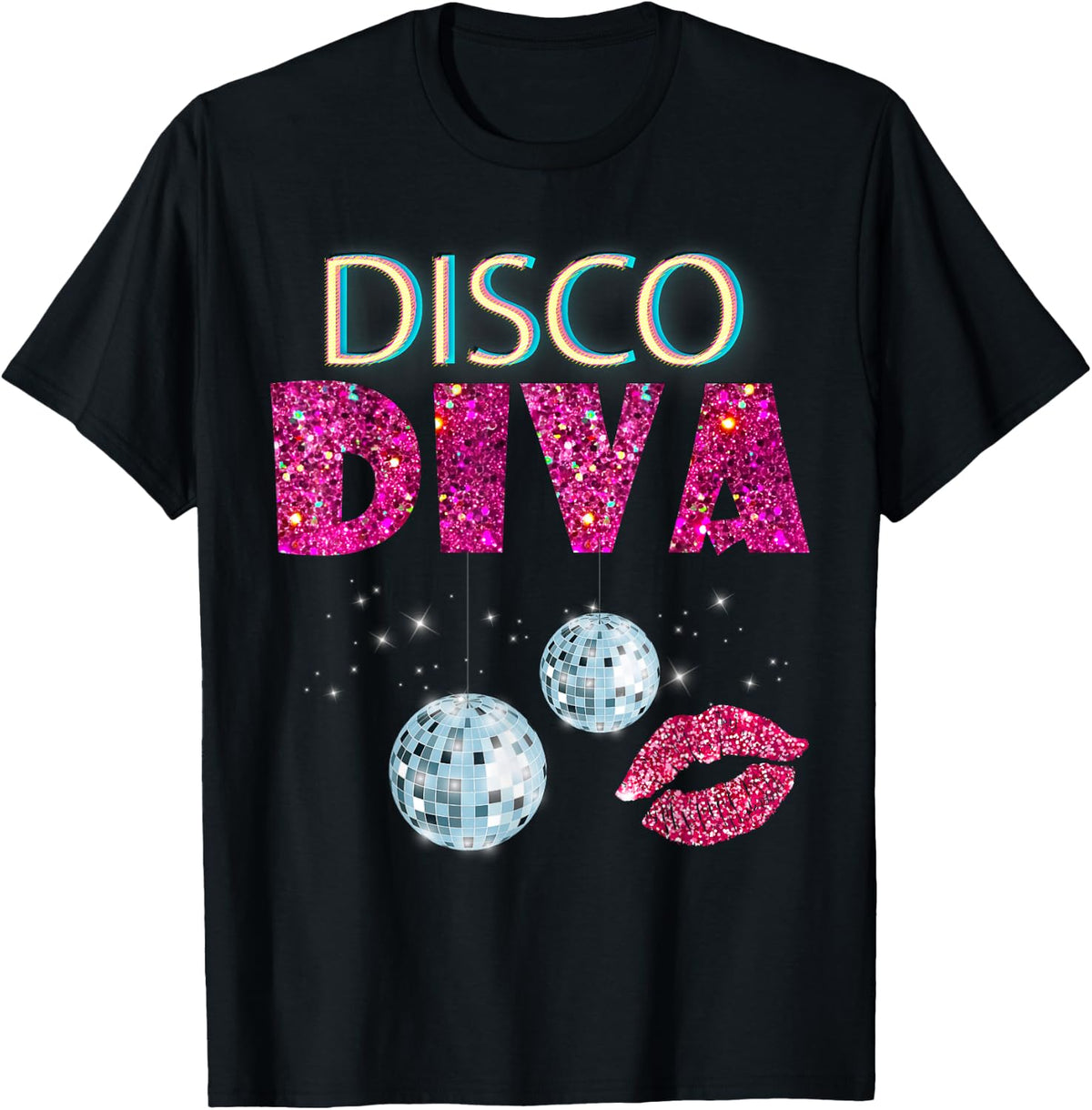 Disco Diva Ladies Gold Ball Silver Red Lips Shirt 391