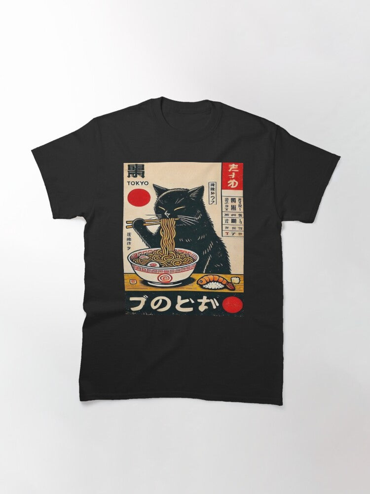 Black Cat Eating Ramen Classic T-Shirt 2