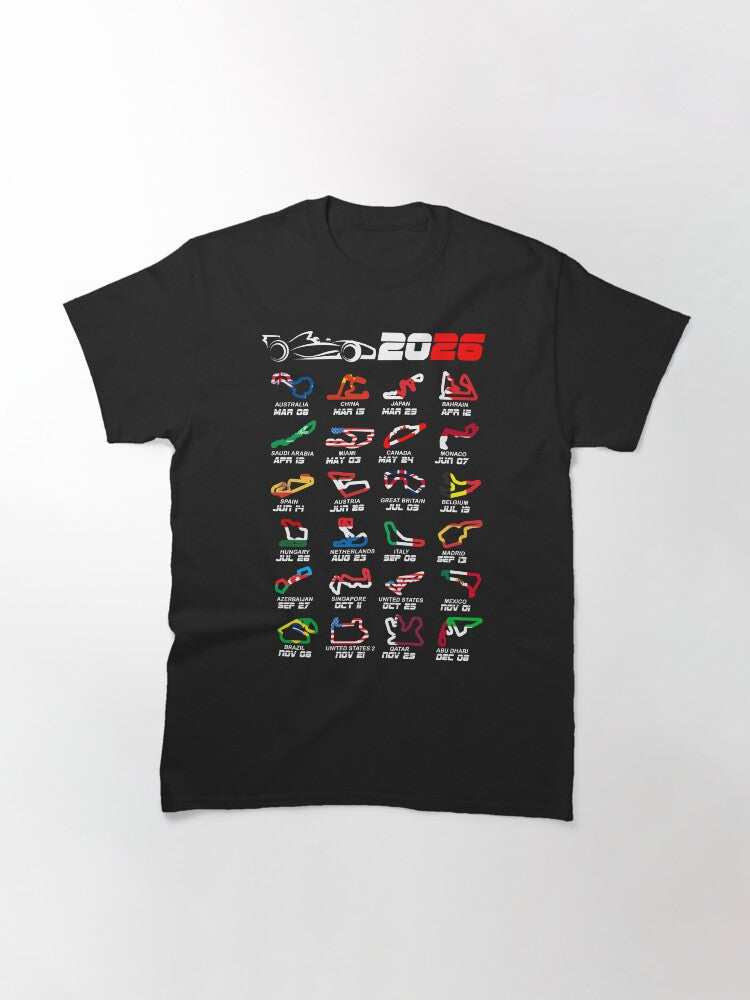 Calendar Formula Race Cars 2026 Circuits Colors V2 Classic T Shirt Clean Design