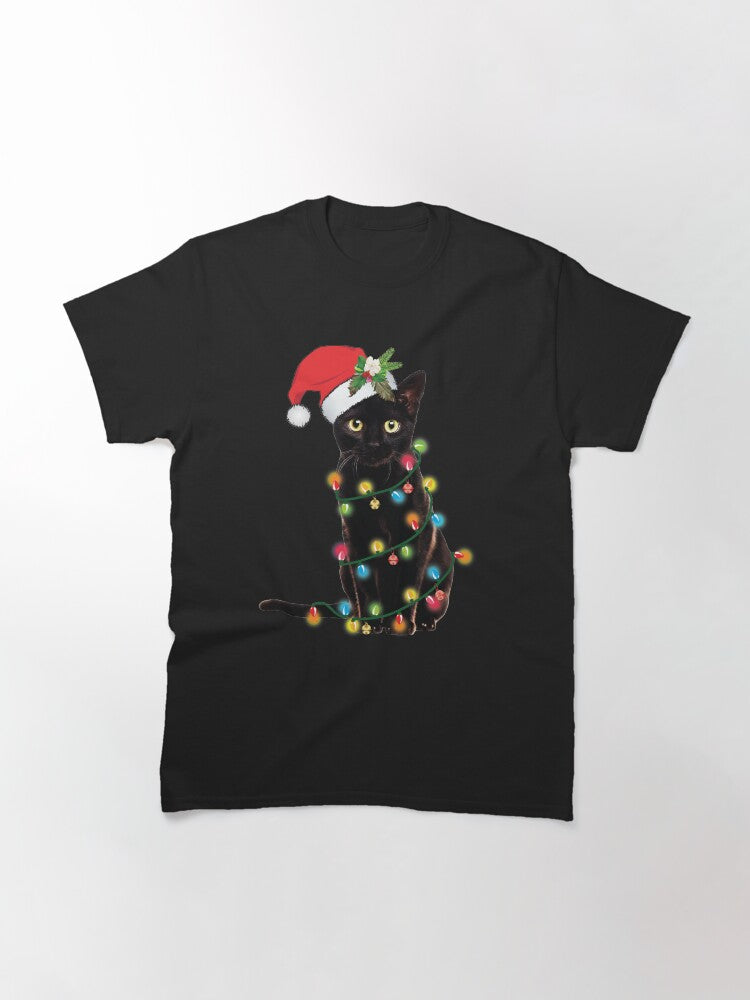 Santa Black Cat Tangled Up in Christmas Tree Lights Holiday Classic T-Shirt