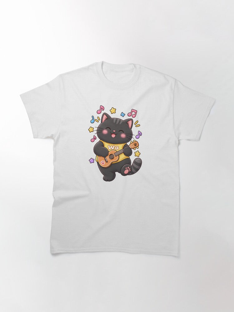 Kawaii Black Cat Playing Music Under the Moon Cute Cartoon Animal Design Classic T-Shirt