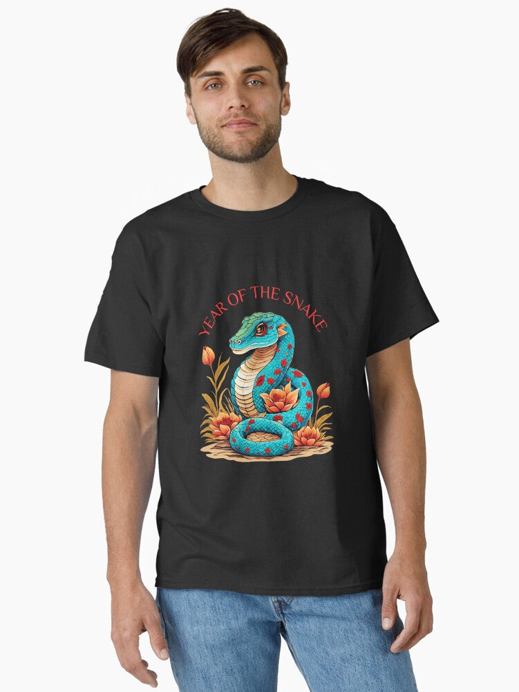Colorful blue Snake with flowers and Leeaves version 1-Year of the Snake 2025- Chinese Zodiac Theme-white Background Classic T-Shirt | Premium Unisex T-Shirt, Trending Graphic Tee