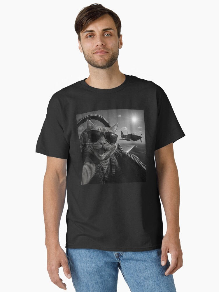 Fighter Jet Cat Selfie Cool Cat Aviator in Action Classic T-Shirt | Graphic T-Shirt for Unisex
