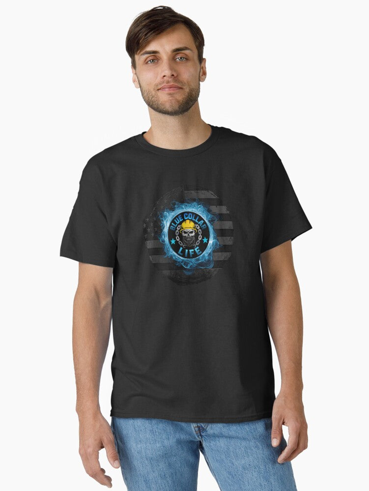 Blue Collar Life Skull – Hard Hat Worker with Blue Flames and Flag