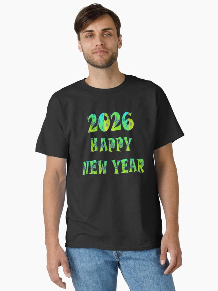 Happy New Year 2026 Neon Green and Blue Snowflakes Design Bold 2026 New Year's Eve Celebration Graphic - Vibrant Colors Classic T-Shirt | Premium Unisex T-Shirt, Trending Graphic Tee