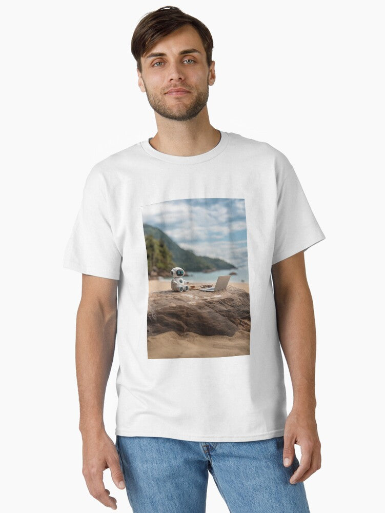 Humanoid AI guide with subtle LED indicators coastal view Classic T Shirt T Shirt Premium Print Daily Wear