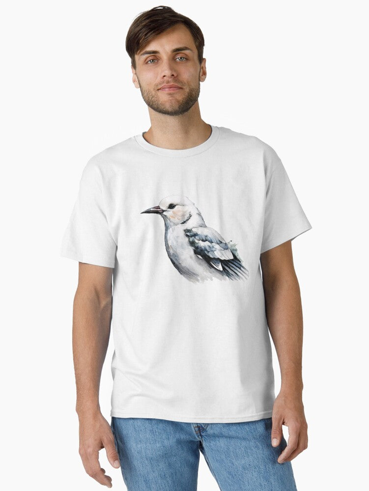 A detailed watercolor painting of a white bird with a black beak and wings set against a white backg T Shirt