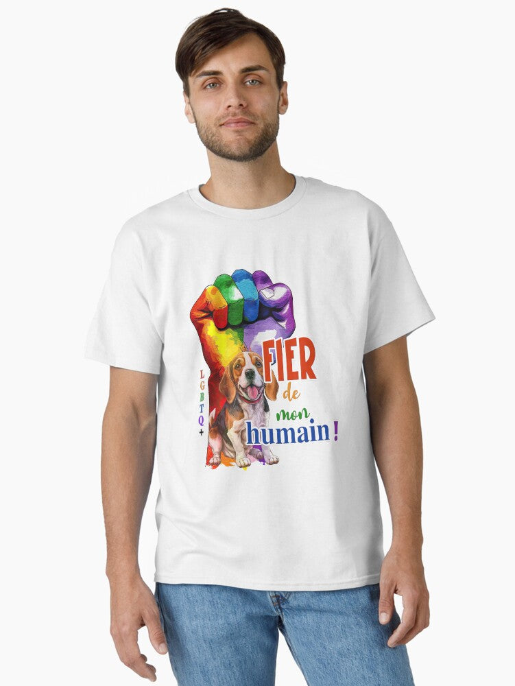 Beagle Dog, Proud of My Human, LGBTQ+ for Lovers of Small Hunting Dogs, in French T-Shirt