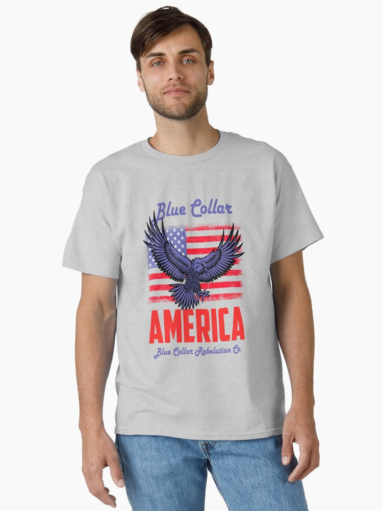 Blue Collar America features American flag and blue American eagle
