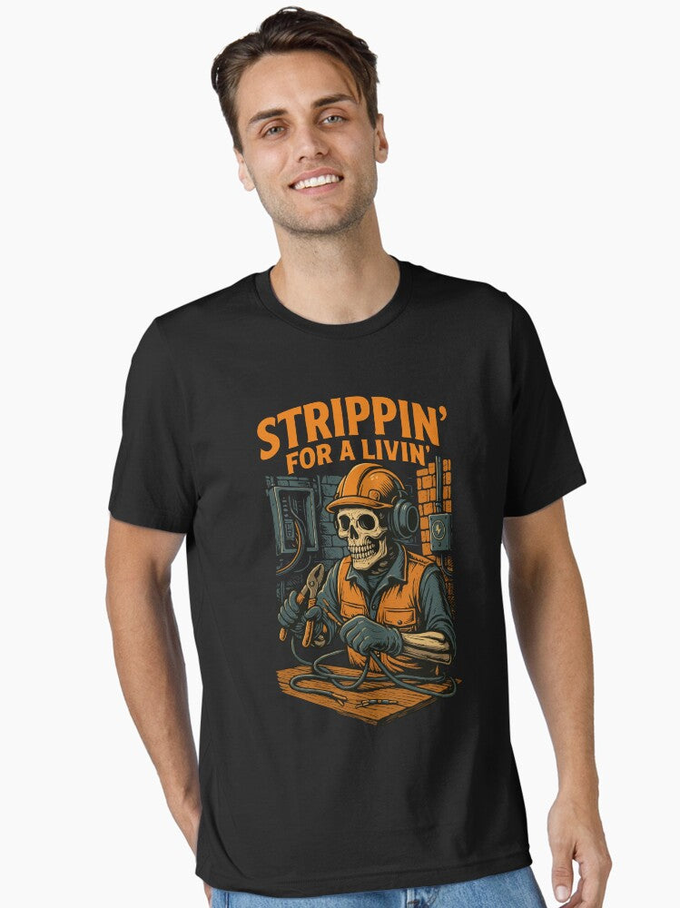 Strippin’ for a Livin’ – Funny Electrician Skeleton Design Dark Humor Skull Art for Tradesmen & Linemen