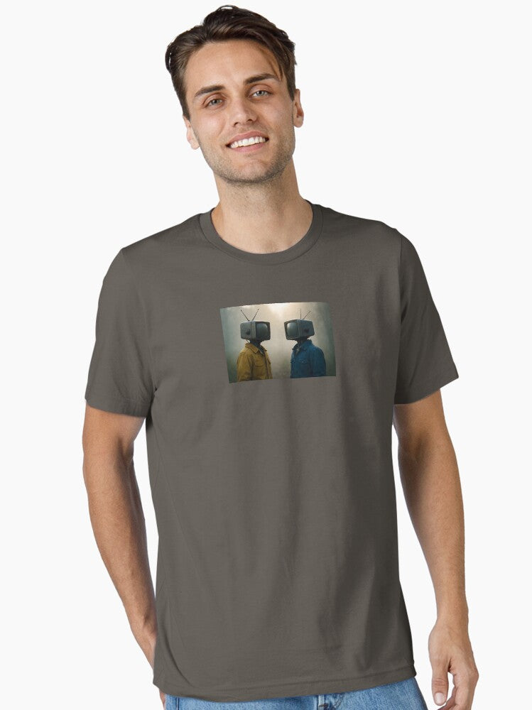 Two figures with vintage television heads wearing jackets stand in a foggy outdoor setting a surreal T Shirt