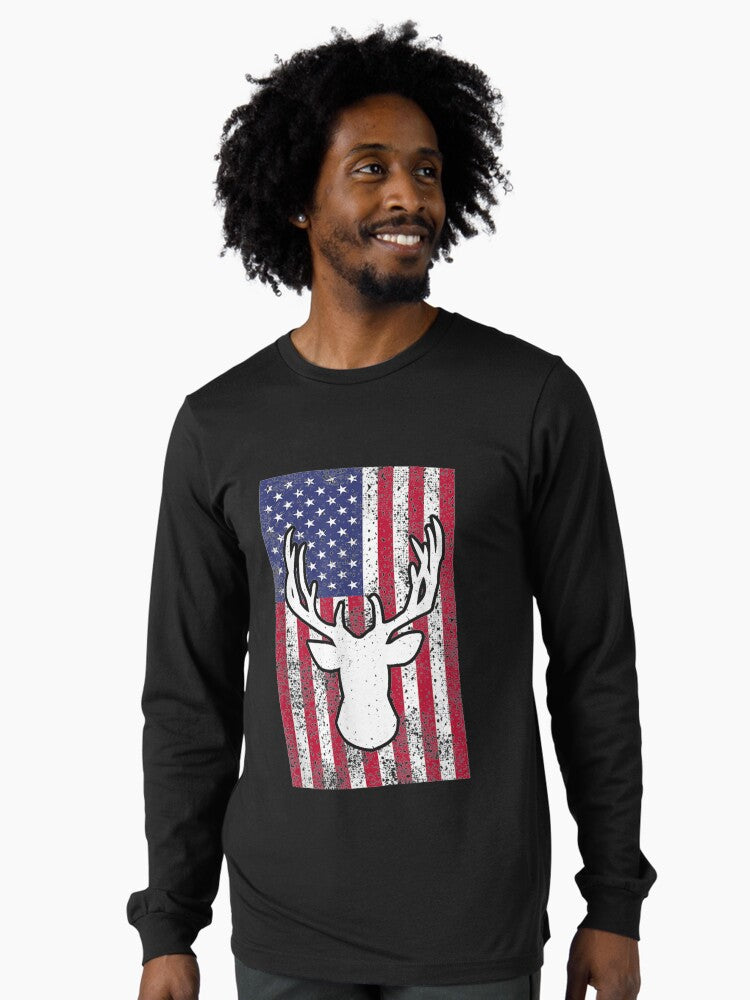 Bow Deer Hunting American Flag Long Sleeve T-Shirt