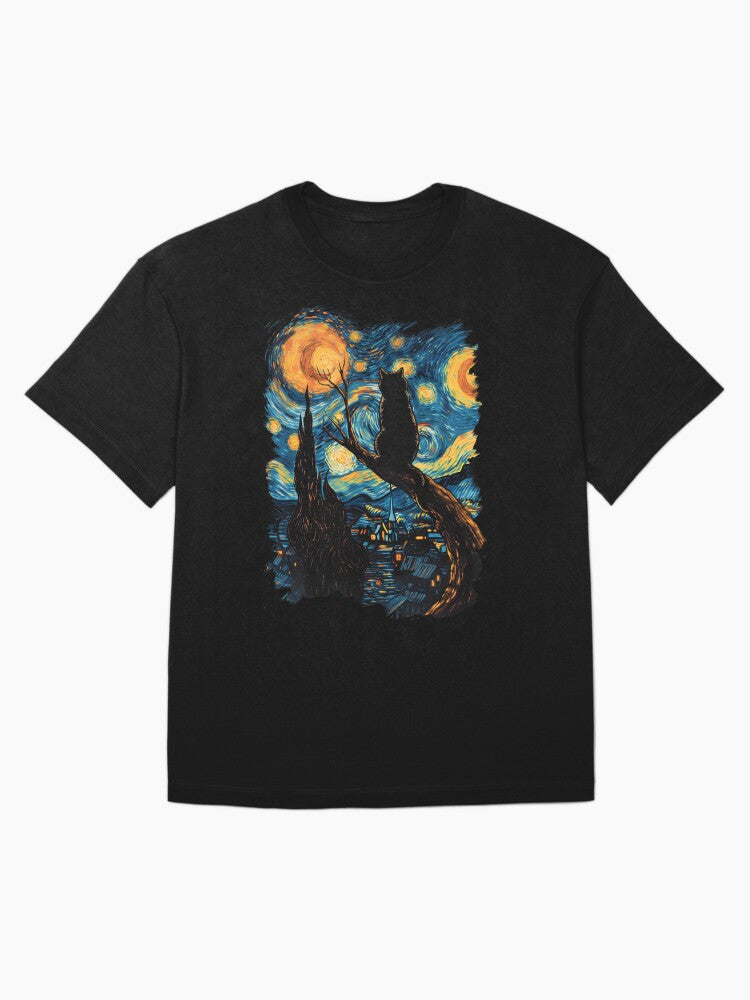 Vincent Van Gogh Starry Night Black Cat Oversized T-Shirt