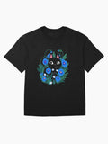 Blue Flower Black Cat Oversized T-Shirt