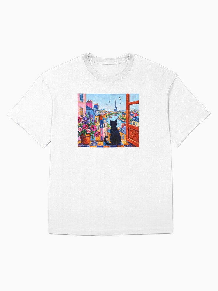 Black Cat Paris Window View Art Oversized T-Shirt