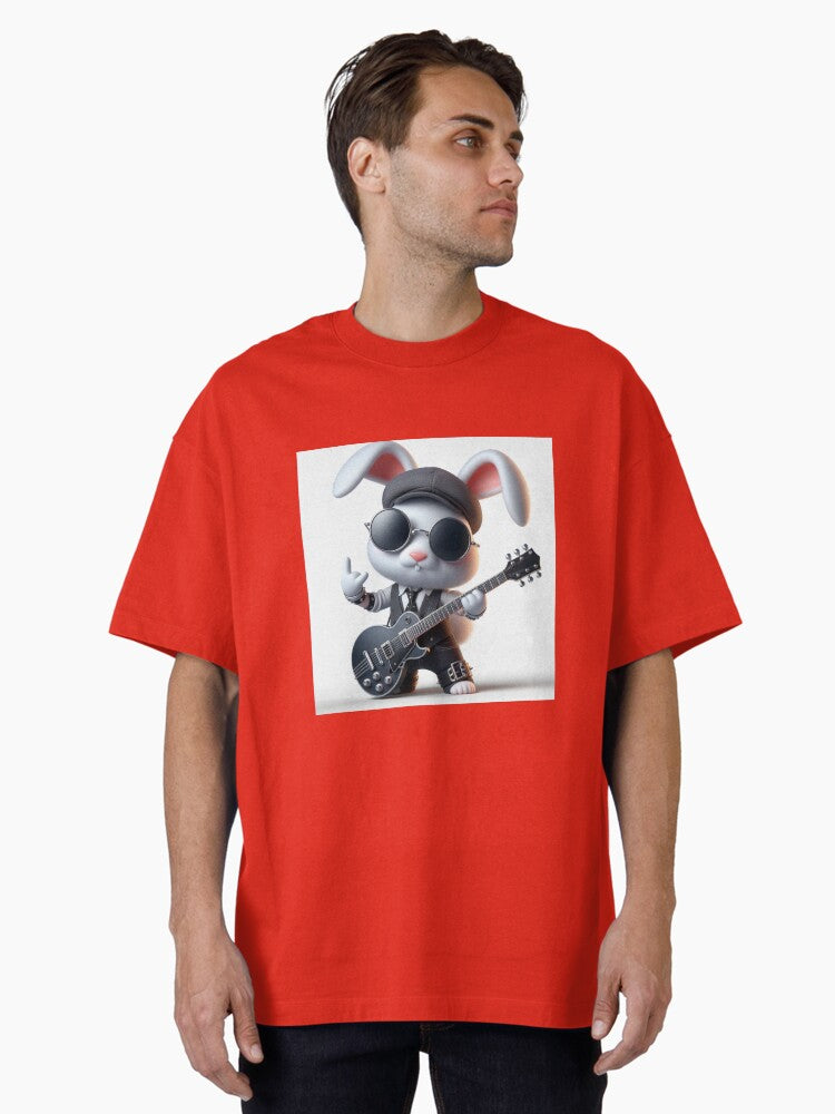 Rock White Fur Bunny with Guitar and Sunglasses Oversized T Shirt T Shirt High Search Demand Daily Wear