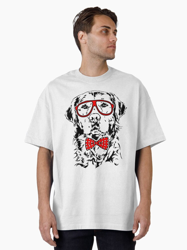 Funny Golden Retriever With Glasses and Bow Tie Dog Oversized T-Shirt