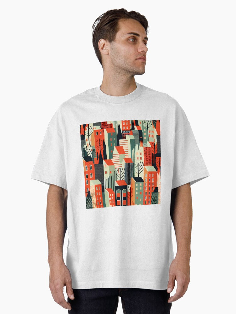 Flat Cartoon Urban City Pattern Digital Painting Oversized T Shirt T Shirt AI Inspired Art Futuristic Style