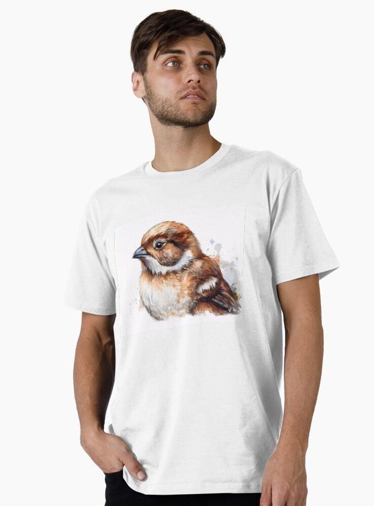 A small brown bird with a white patch on its chest looking to the side against a white background wi T Shirt