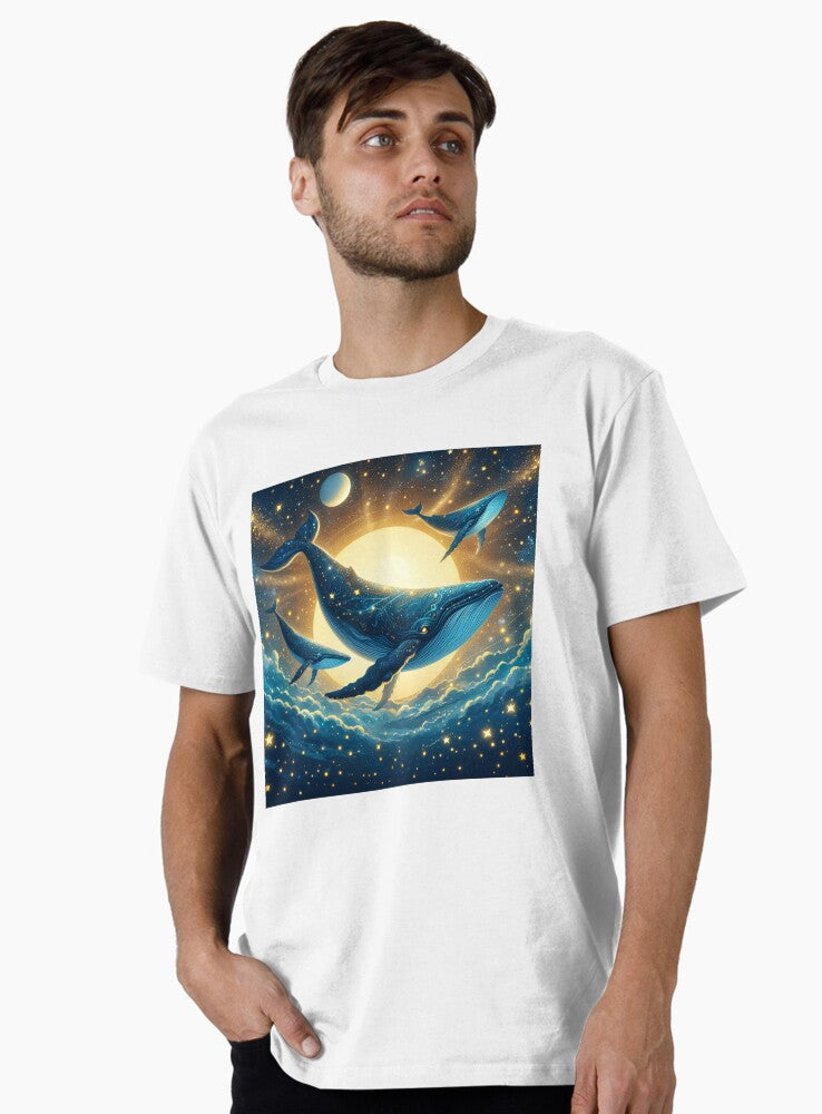 Whales soar through a starry sky their graceful forms illuminated by the moon Clouds and a distant o T Shirt