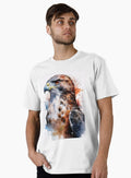 A majestic hawk with piercing eyes rendered in a vibrant watercolor style against a splatter backgro T Shirt