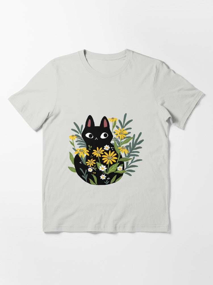 Black Cat with Flowers Essential T-Shirt