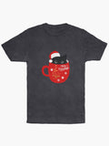 Santa Black Cat Tangled Up in Christmas Tree Lights Holiday Vintage Wash T-Shirt